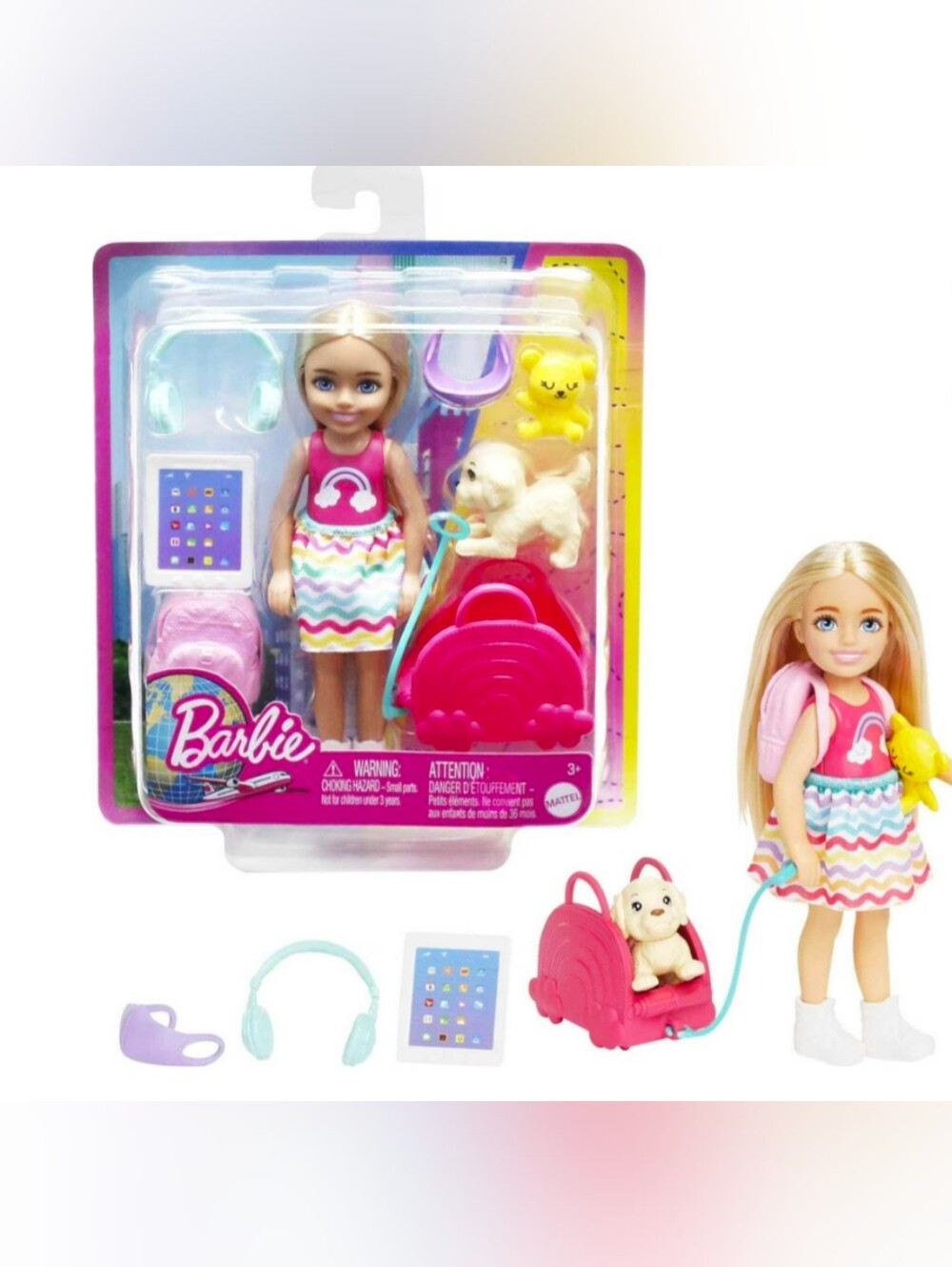 Barbie Little Doll with Pink Carrier and Chevron Dress